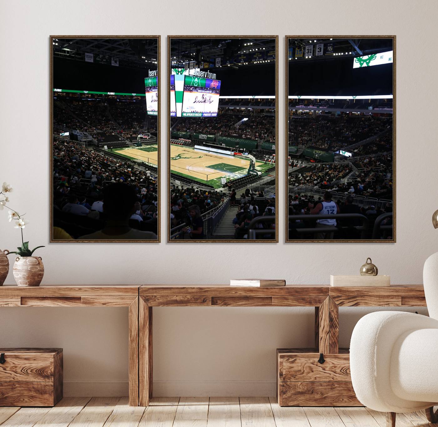 69882-MGV-FC-48X32-3P_Walnut-Milwaukee Bucks Basketball Print - Fiserv Forum Stadium Wall Art Canvas Print
