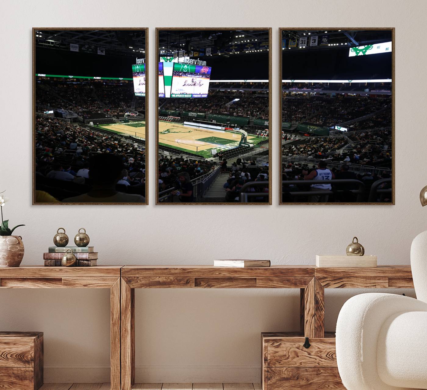 69882-MGV-FC-60X30-3P_Walnut-Milwaukee Bucks Basketball Print - Fiserv Forum Stadium Wall Art Canvas Print