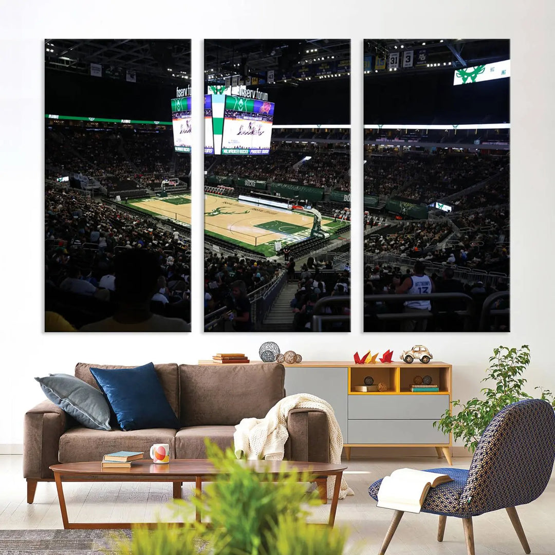 A triptych featuring a Milwaukee Bucks basketball game at Fiserv Forum Stadium is displayed. This wall art canvas print offers a gallery-quality finish, seamlessly blending into the contemporary decor.