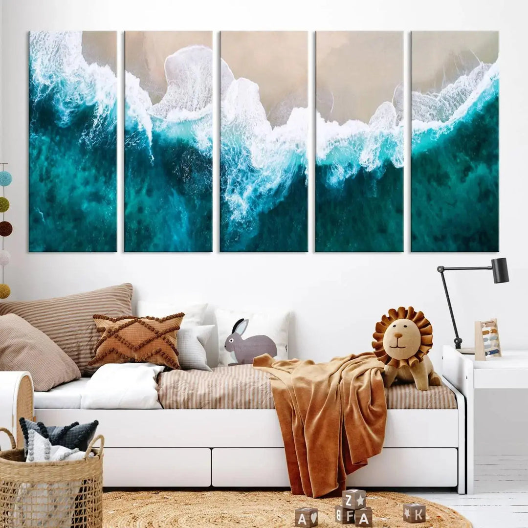 A captivating three-panel "Mind-Blowing Aerial Beach" canvas wall art print, crafted with museum-quality materials and a UV-protective coating, is beautifully hung as the focal point of the room.