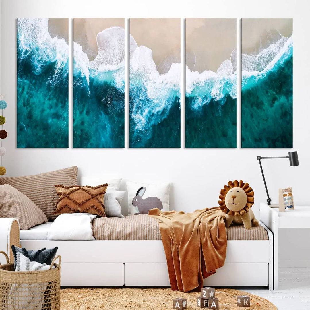 A captivating three-panel "Mind-Blowing Aerial Beach" canvas wall art print, crafted with museum-quality materials and a UV-protective coating, is beautifully hung as the focal point of the room.