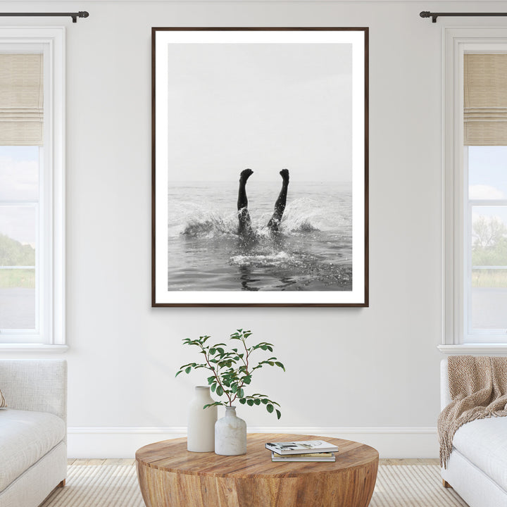 Minimal Ocean Wall Art Canvas Print, Monochrome Diving Print, Framed Swimmer in Sea Art Print, Large Diving in Sea Printing