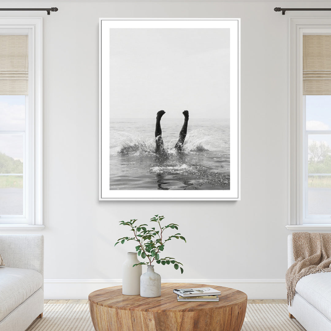 Minimal Ocean Wall Art Canvas Print, Monochrome Diving Print, Framed Swimmer in Sea Art Print, Large Diving in Sea Printing
