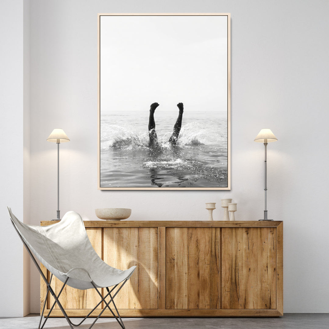 Minimal Ocean Wall Art Canvas Print, Monochrome Diving Print, Framed Swimmer in Sea Art Print, Large Diving in Sea Printing