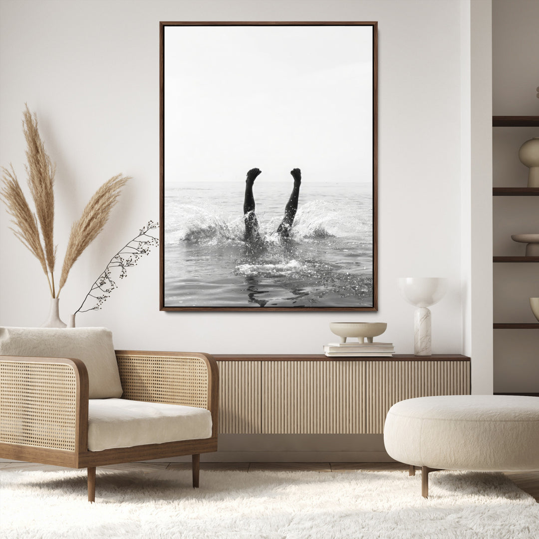 Minimal Ocean Wall Art Canvas Print, Monochrome Diving Print, Framed Swimmer in Sea Art Print, Large Diving in Sea Printing