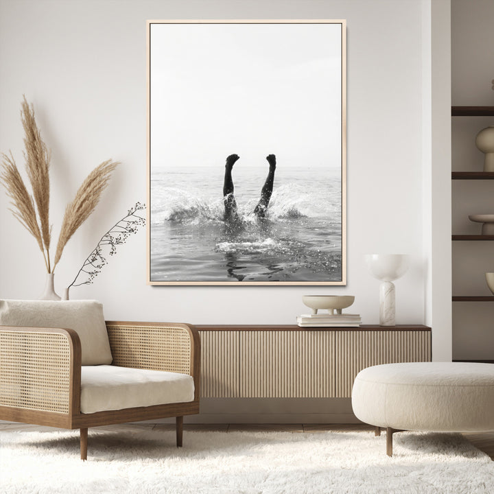 Minimal Ocean Wall Art Canvas Print, Monochrome Diving Print, Framed Swimmer in Sea Art Print, Large Diving in Sea Printing