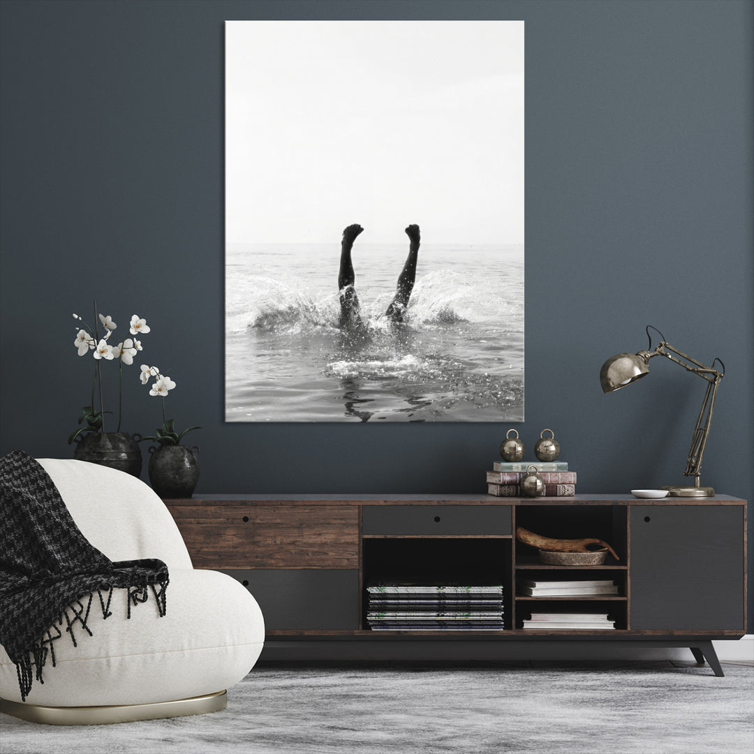 Minimal Ocean Wall Art Canvas Print, Monochrome Diving Print, Framed Swimmer in Sea Art Print, Large Diving in Sea Printing
