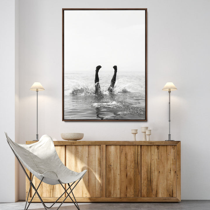 Minimal Ocean Wall Art Canvas Print, Monochrome Diving Print, Framed Swimmer in Sea Art Print, Large Diving in Sea Printing