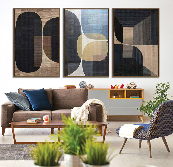 75252-MGV-CV-48X32-3P-Minimalist 3 Panel Abstract Brown Wabi Sabi Wall Art Canvas Print
