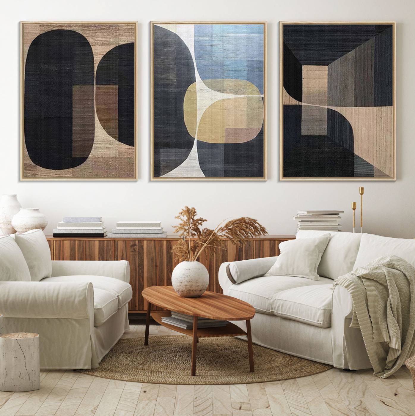 75252-MGV-FC-60X30-3P_Natural-Minimalist 3-Panel Abstract Brown Wabi Sabi Wall Art Canvas Print – Modern Zen Nature Artwork for Home, Office