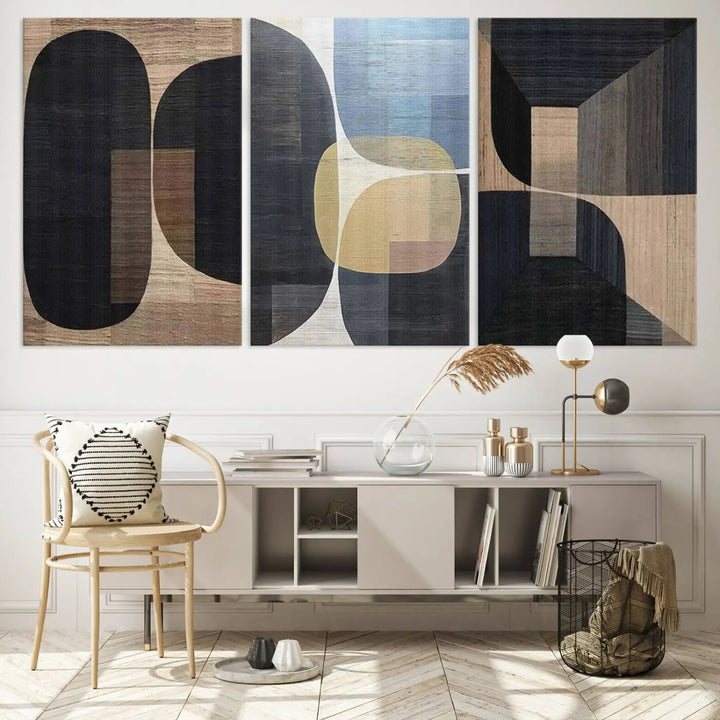 The modern living room exudes elegance with the Minimalist Wabi Sabi Abstract Geometric Wall Art Canvas Print, featuring modern minimalist shapes.