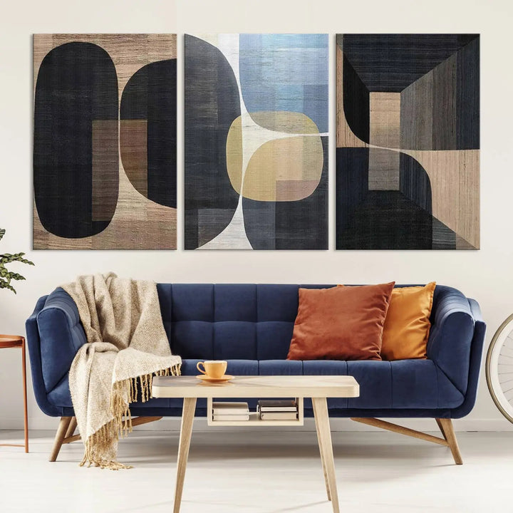 The modern living room exudes elegance with the Minimalist Wabi Sabi Abstract Geometric Wall Art Canvas Print, featuring modern minimalist shapes.