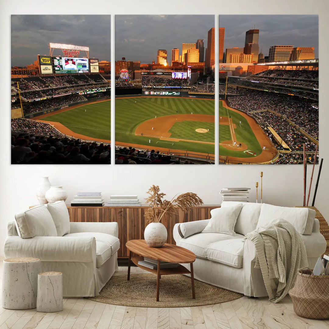 The room features a triptych piece called "Minnesota Twins Baseball Team Print - Minneapolis Target Field Stadium Wall Art Canvas Print." This handmade artwork showcases a baseball stadium at sunset, rendered on premium canvas for a gallery-quality finish.