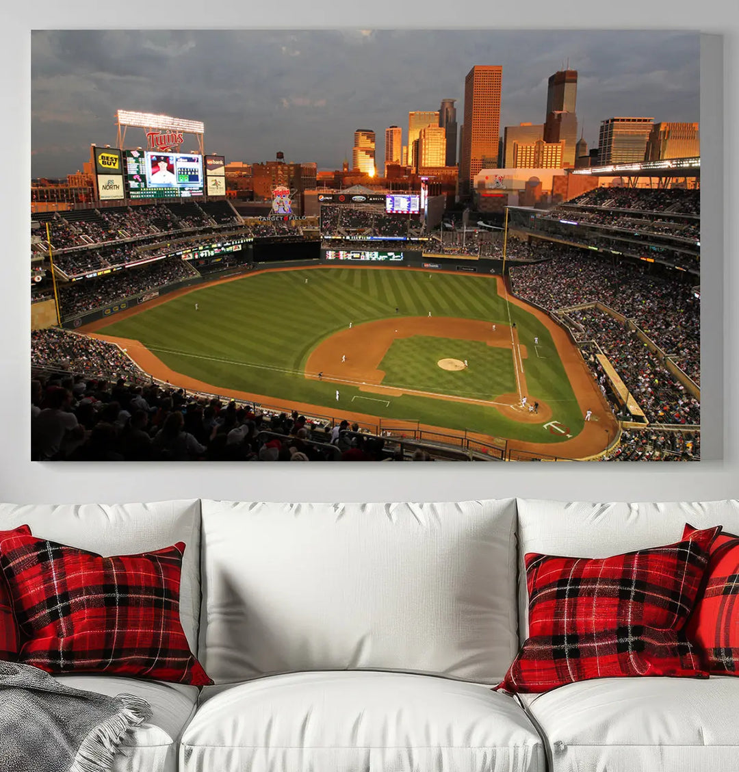 The room features a triptych piece called "Minnesota Twins Baseball Team Print - Minneapolis Target Field Stadium Wall Art Canvas Print." This handmade artwork showcases a baseball stadium at sunset, rendered on premium canvas for a gallery-quality finish.