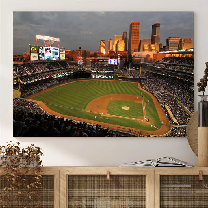 The room features a triptych piece called "Minnesota Twins Baseball Team Print - Minneapolis Target Field Stadium Wall Art Canvas Print." This handmade artwork showcases a baseball stadium at sunset, rendered on premium canvas for a gallery-quality finish.