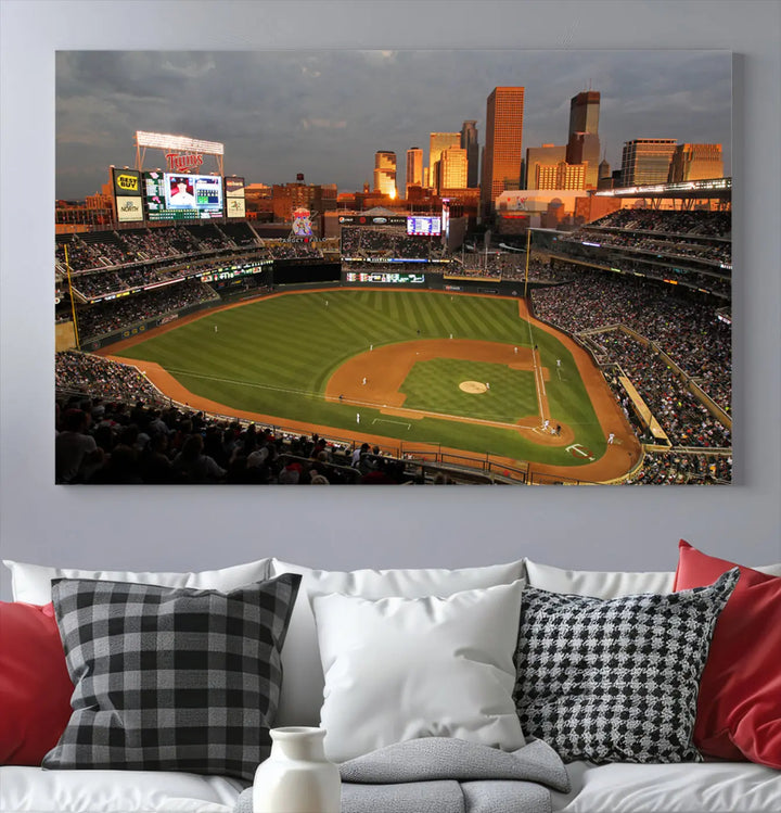 The room features a triptych piece called "Minnesota Twins Baseball Team Print - Minneapolis Target Field Stadium Wall Art Canvas Print." This handmade artwork showcases a baseball stadium at sunset, rendered on premium canvas for a gallery-quality finish.