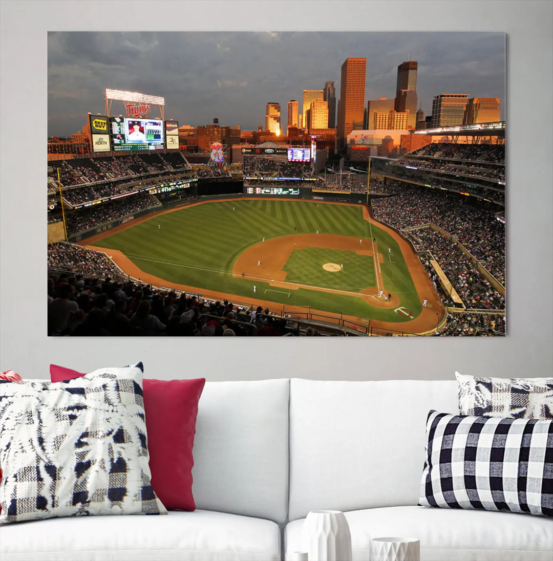 The room features a triptych piece called "Minnesota Twins Baseball Team Print - Minneapolis Target Field Stadium Wall Art Canvas Print." This handmade artwork showcases a baseball stadium at sunset, rendered on premium canvas for a gallery-quality finish.