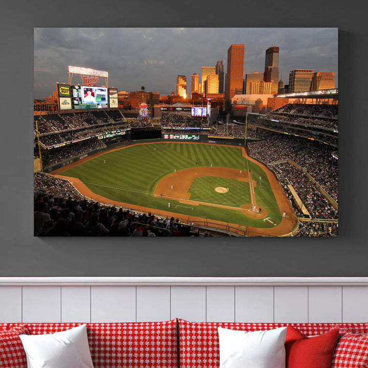 The room features a triptych piece called "Minnesota Twins Baseball Team Print - Minneapolis Target Field Stadium Wall Art Canvas Print." This handmade artwork showcases a baseball stadium at sunset, rendered on premium canvas for a gallery-quality finish.