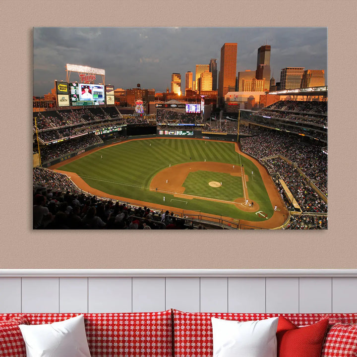 The room features a triptych piece called "Minnesota Twins Baseball Team Print - Minneapolis Target Field Stadium Wall Art Canvas Print." This handmade artwork showcases a baseball stadium at sunset, rendered on premium canvas for a gallery-quality finish.