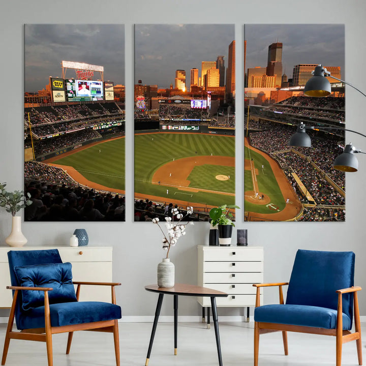 The room features a triptych piece called "Minnesota Twins Baseball Team Print - Minneapolis Target Field Stadium Wall Art Canvas Print." This handmade artwork showcases a baseball stadium at sunset, rendered on premium canvas for a gallery-quality finish.