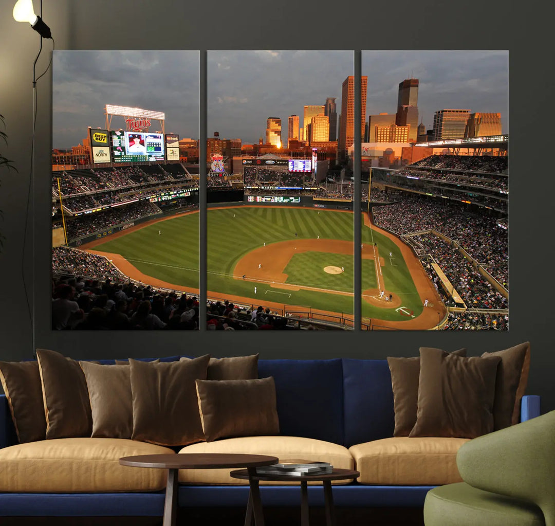 The room features a triptych piece called "Minnesota Twins Baseball Team Print - Minneapolis Target Field Stadium Wall Art Canvas Print." This handmade artwork showcases a baseball stadium at sunset, rendered on premium canvas for a gallery-quality finish.