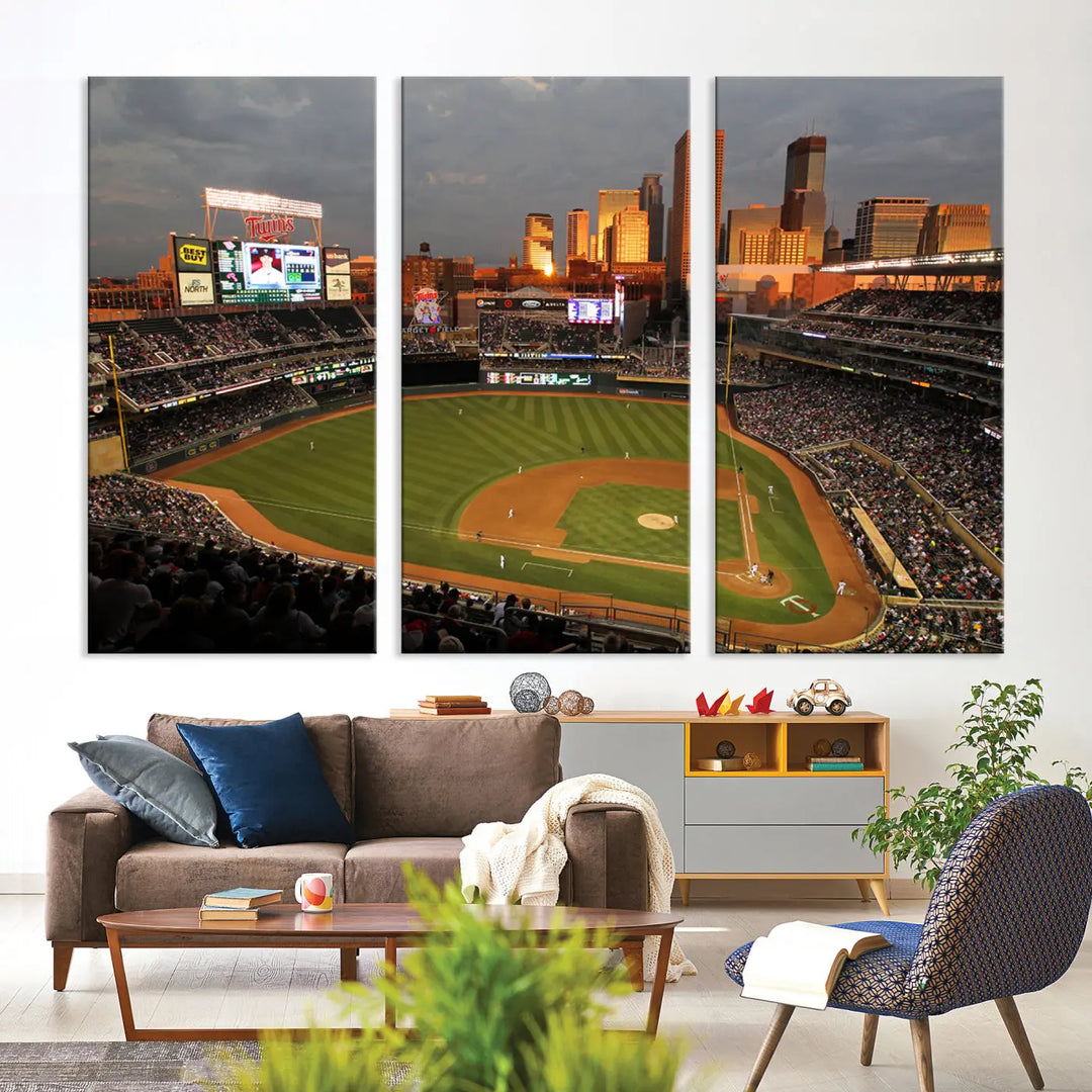 The room features a triptych piece called "Minnesota Twins Baseball Team Print - Minneapolis Target Field Stadium Wall Art Canvas Print." This handmade artwork showcases a baseball stadium at sunset, rendered on premium canvas for a gallery-quality finish.