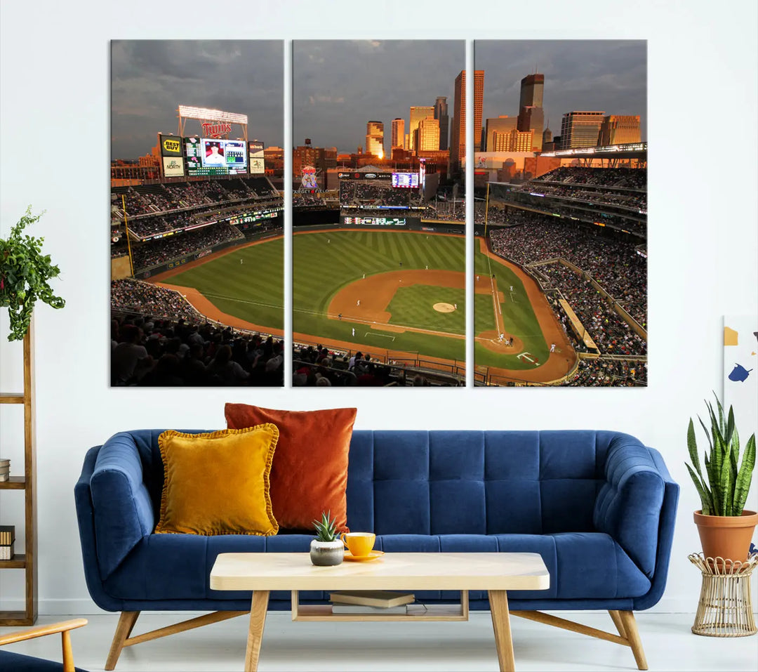 The room features a triptych piece called "Minnesota Twins Baseball Team Print - Minneapolis Target Field Stadium Wall Art Canvas Print." This handmade artwork showcases a baseball stadium at sunset, rendered on premium canvas for a gallery-quality finish.