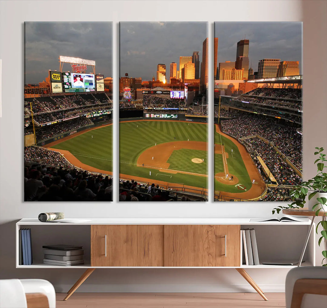 The room features a triptych piece called "Minnesota Twins Baseball Team Print - Minneapolis Target Field Stadium Wall Art Canvas Print." This handmade artwork showcases a baseball stadium at sunset, rendered on premium canvas for a gallery-quality finish.