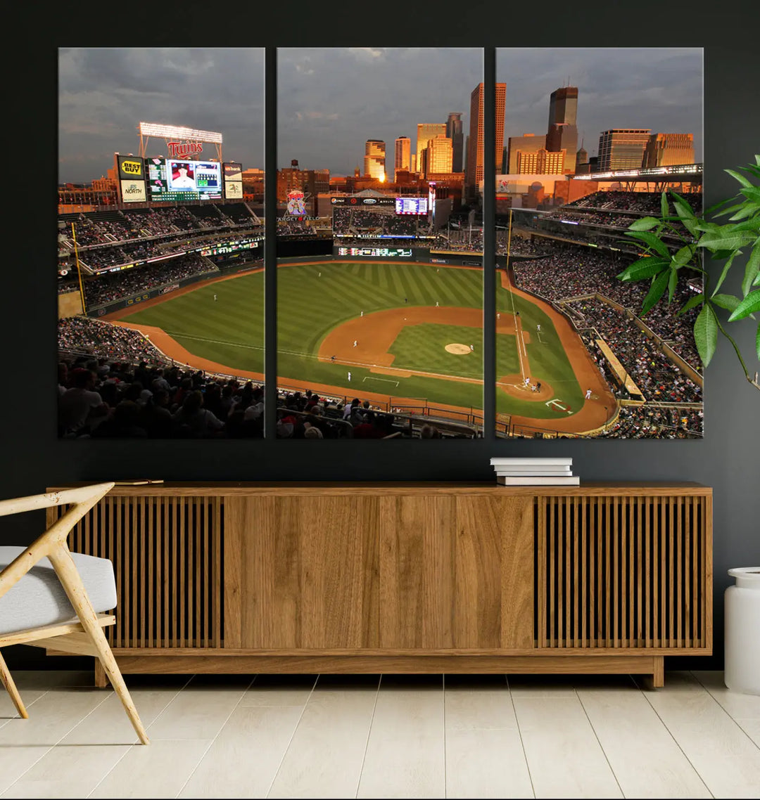 The room features a triptych piece called "Minnesota Twins Baseball Team Print - Minneapolis Target Field Stadium Wall Art Canvas Print." This handmade artwork showcases a baseball stadium at sunset, rendered on premium canvas for a gallery-quality finish.