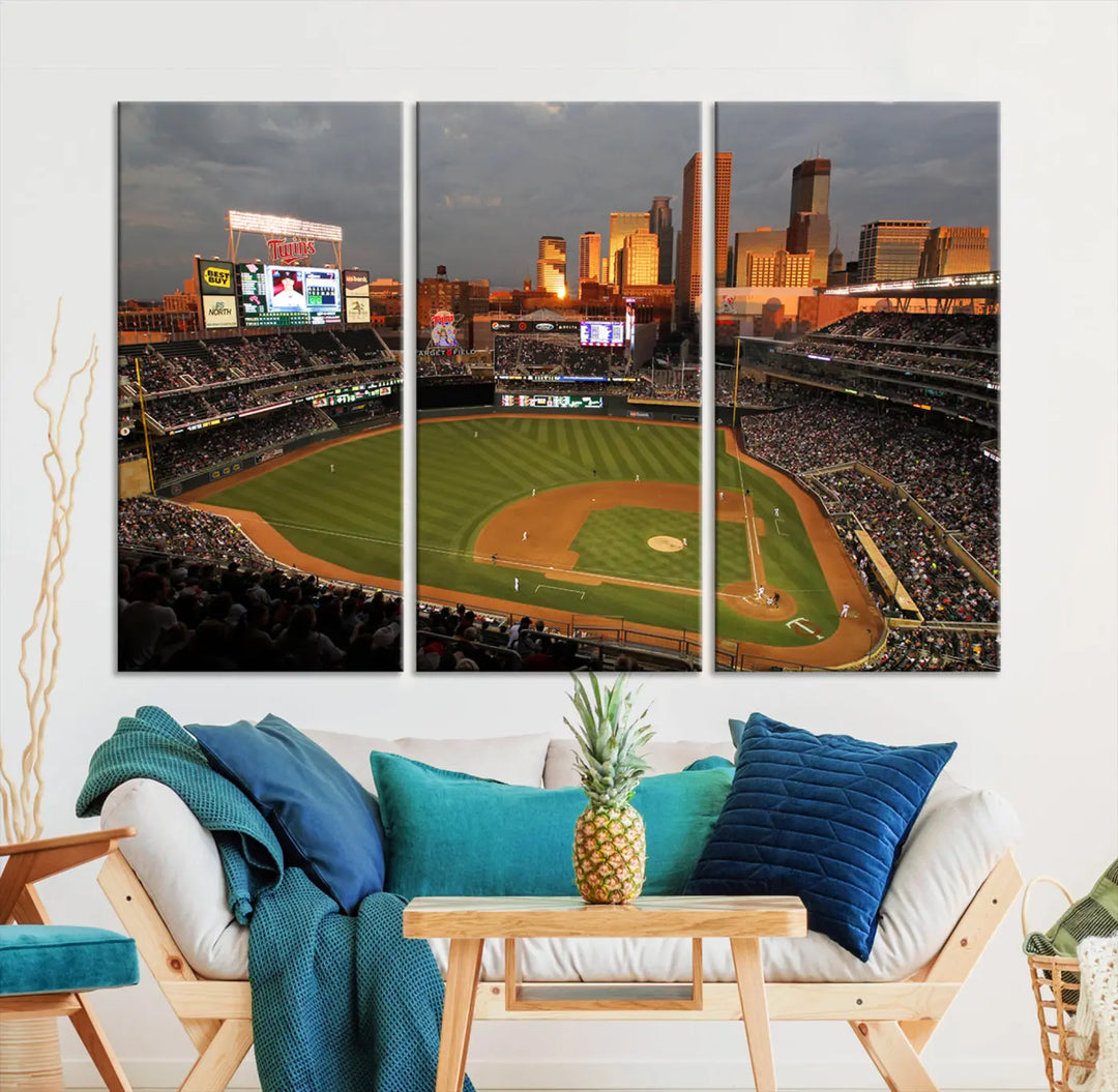 The room features a triptych piece called "Minnesota Twins Baseball Team Print - Minneapolis Target Field Stadium Wall Art Canvas Print." This handmade artwork showcases a baseball stadium at sunset, rendered on premium canvas for a gallery-quality finish.