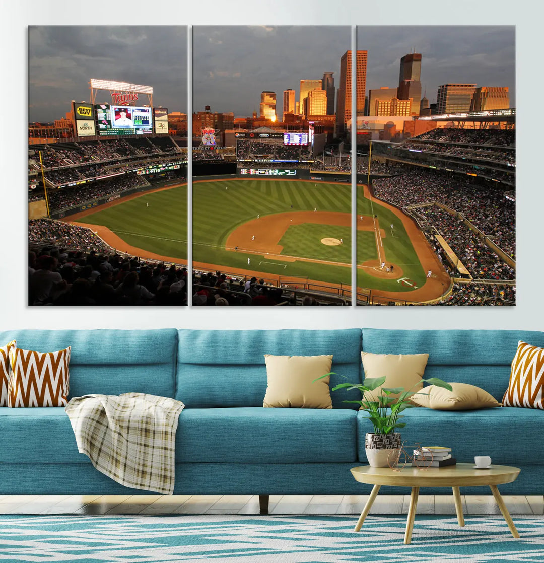 The room features a triptych piece called "Minnesota Twins Baseball Team Print - Minneapolis Target Field Stadium Wall Art Canvas Print." This handmade artwork showcases a baseball stadium at sunset, rendered on premium canvas for a gallery-quality finish.