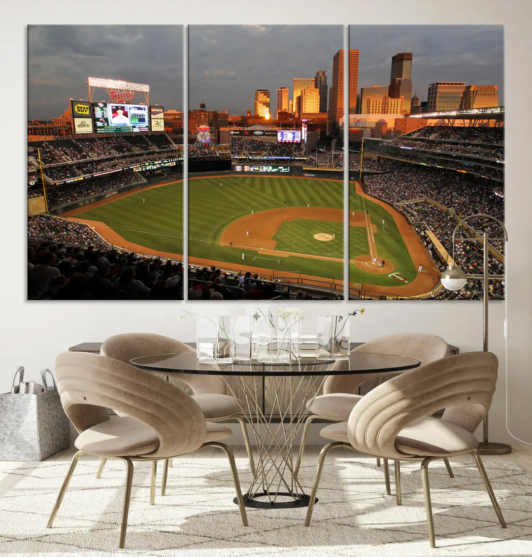 The room features a triptych piece called "Minnesota Twins Baseball Team Print - Minneapolis Target Field Stadium Wall Art Canvas Print." This handmade artwork showcases a baseball stadium at sunset, rendered on premium canvas for a gallery-quality finish.