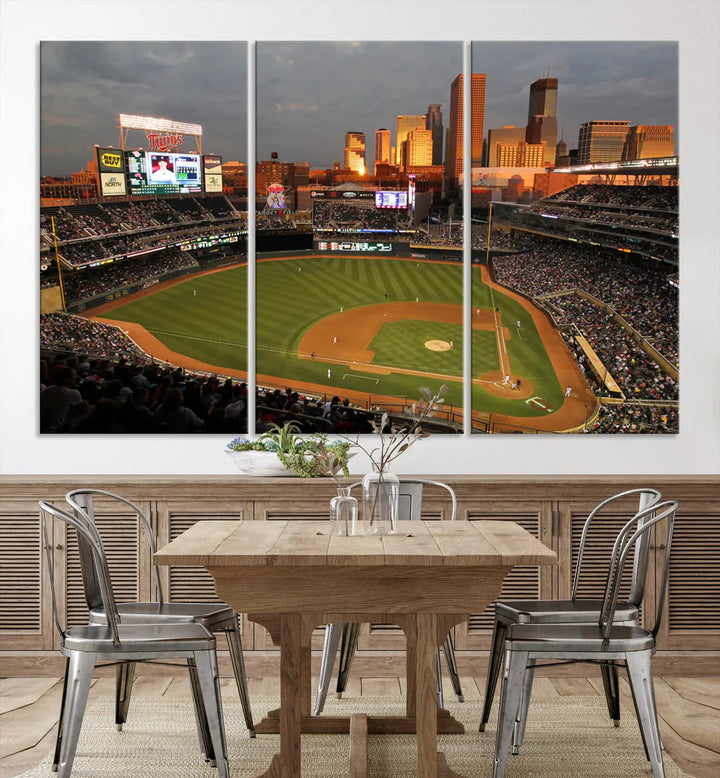 The room features a triptych piece called "Minnesota Twins Baseball Team Print - Minneapolis Target Field Stadium Wall Art Canvas Print." This handmade artwork showcases a baseball stadium at sunset, rendered on premium canvas for a gallery-quality finish.