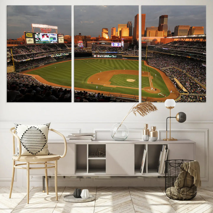 The room features a triptych piece called "Minnesota Twins Baseball Team Print - Minneapolis Target Field Stadium Wall Art Canvas Print." This handmade artwork showcases a baseball stadium at sunset, rendered on premium canvas for a gallery-quality finish.