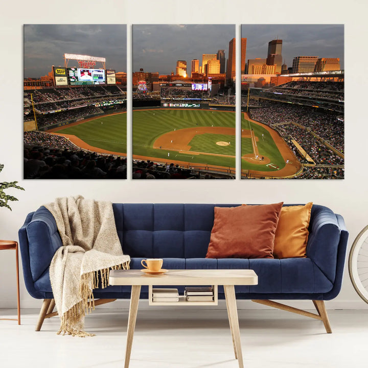 The room features a triptych piece called "Minnesota Twins Baseball Team Print - Minneapolis Target Field Stadium Wall Art Canvas Print." This handmade artwork showcases a baseball stadium at sunset, rendered on premium canvas for a gallery-quality finish.