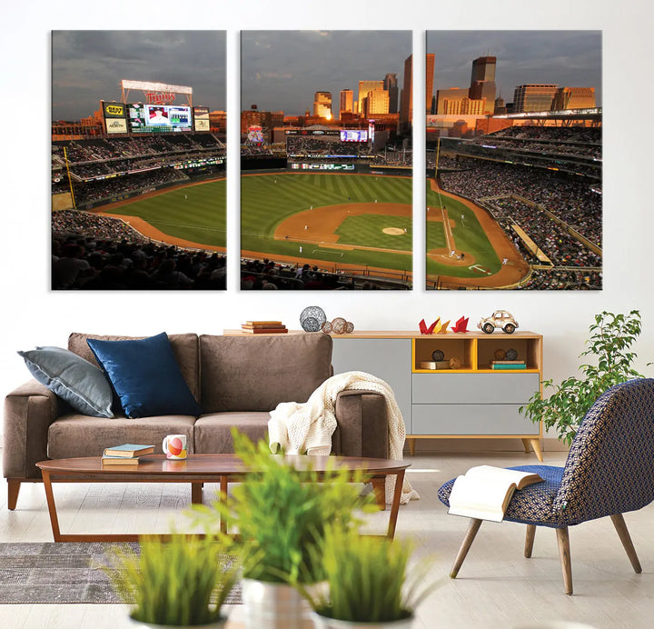 The room features a triptych piece called "Minnesota Twins Baseball Team Print - Minneapolis Target Field Stadium Wall Art Canvas Print." This handmade artwork showcases a baseball stadium at sunset, rendered on premium canvas for a gallery-quality finish.