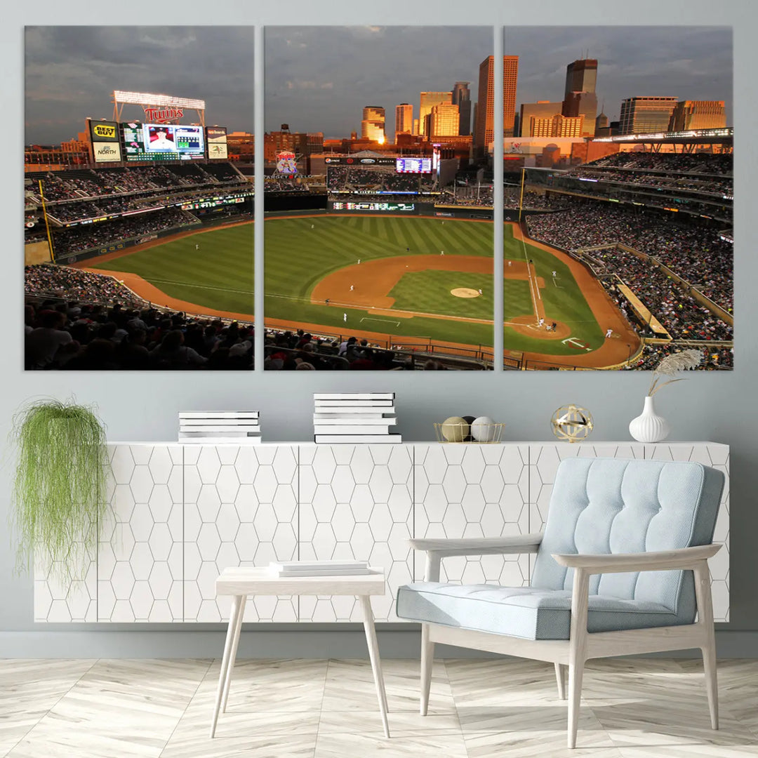 The room features a triptych piece called "Minnesota Twins Baseball Team Print - Minneapolis Target Field Stadium Wall Art Canvas Print." This handmade artwork showcases a baseball stadium at sunset, rendered on premium canvas for a gallery-quality finish.