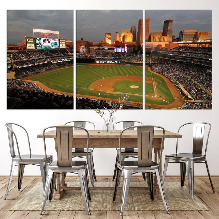 The room features a triptych piece called "Minnesota Twins Baseball Team Print - Minneapolis Target Field Stadium Wall Art Canvas Print." This handmade artwork showcases a baseball stadium at sunset, rendered on premium canvas for a gallery-quality finish.