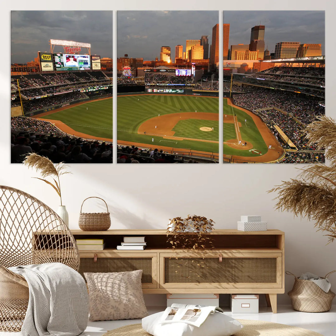 The room features a triptych piece called "Minnesota Twins Baseball Team Print - Minneapolis Target Field Stadium Wall Art Canvas Print." This handmade artwork showcases a baseball stadium at sunset, rendered on premium canvas for a gallery-quality finish.