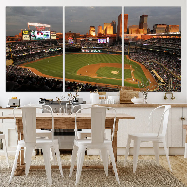 The room features a triptych piece called "Minnesota Twins Baseball Team Print - Minneapolis Target Field Stadium Wall Art Canvas Print." This handmade artwork showcases a baseball stadium at sunset, rendered on premium canvas for a gallery-quality finish.