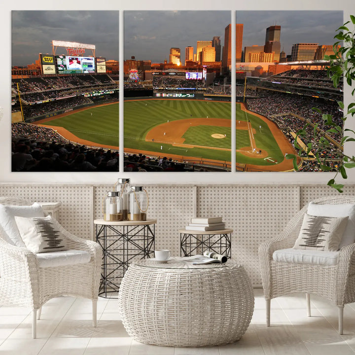 The room features a triptych piece called "Minnesota Twins Baseball Team Print - Minneapolis Target Field Stadium Wall Art Canvas Print." This handmade artwork showcases a baseball stadium at sunset, rendered on premium canvas for a gallery-quality finish.