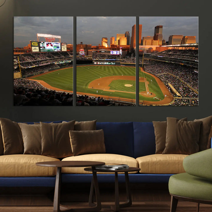 The room features a triptych piece called "Minnesota Twins Baseball Team Print - Minneapolis Target Field Stadium Wall Art Canvas Print." This handmade artwork showcases a baseball stadium at sunset, rendered on premium canvas for a gallery-quality finish.