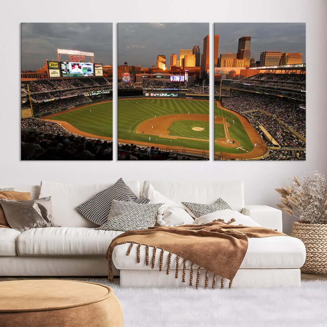 The room features a triptych piece called "Minnesota Twins Baseball Team Print - Minneapolis Target Field Stadium Wall Art Canvas Print." This handmade artwork showcases a baseball stadium at sunset, rendered on premium canvas for a gallery-quality finish.