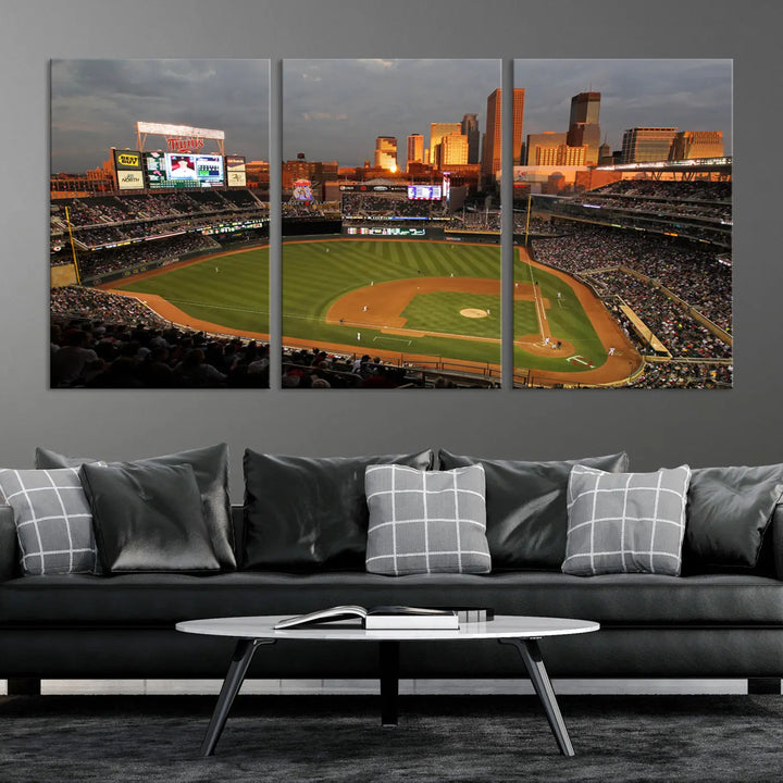 The room features a triptych piece called "Minnesota Twins Baseball Team Print - Minneapolis Target Field Stadium Wall Art Canvas Print." This handmade artwork showcases a baseball stadium at sunset, rendered on premium canvas for a gallery-quality finish.