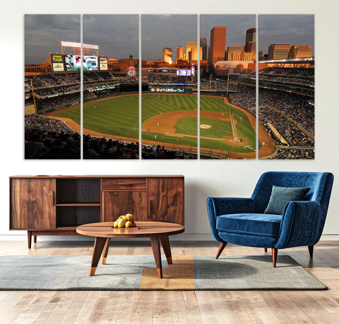 The room features a triptych piece called "Minnesota Twins Baseball Team Print - Minneapolis Target Field Stadium Wall Art Canvas Print." This handmade artwork showcases a baseball stadium at sunset, rendered on premium canvas for a gallery-quality finish.