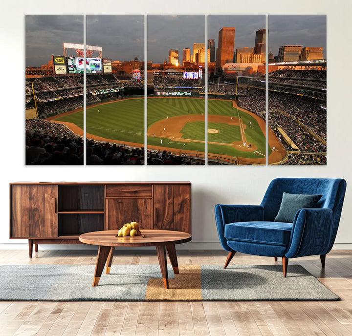 The room features a triptych piece called "Minnesota Twins Baseball Team Print - Minneapolis Target Field Stadium Wall Art Canvas Print." This handmade artwork showcases a baseball stadium at sunset, rendered on premium canvas for a gallery-quality finish.