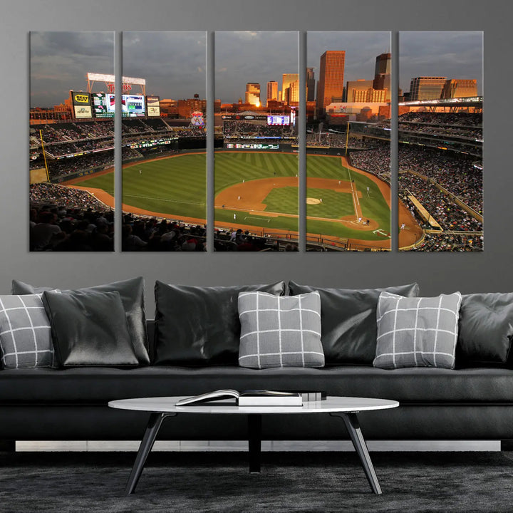 The room features a triptych piece called "Minnesota Twins Baseball Team Print - Minneapolis Target Field Stadium Wall Art Canvas Print." This handmade artwork showcases a baseball stadium at sunset, rendered on premium canvas for a gallery-quality finish.