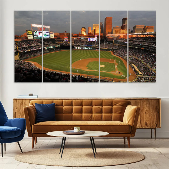 The room features a triptych piece called "Minnesota Twins Baseball Team Print - Minneapolis Target Field Stadium Wall Art Canvas Print." This handmade artwork showcases a baseball stadium at sunset, rendered on premium canvas for a gallery-quality finish.