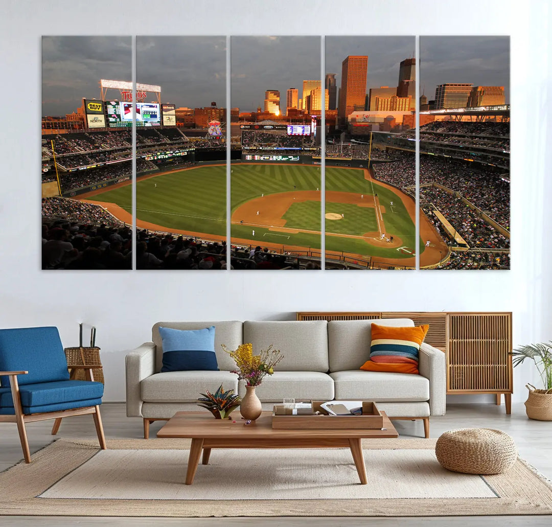 The room features a triptych piece called "Minnesota Twins Baseball Team Print - Minneapolis Target Field Stadium Wall Art Canvas Print." This handmade artwork showcases a baseball stadium at sunset, rendered on premium canvas for a gallery-quality finish.