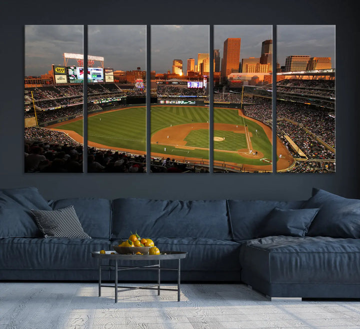 The room features a triptych piece called "Minnesota Twins Baseball Team Print - Minneapolis Target Field Stadium Wall Art Canvas Print." This handmade artwork showcases a baseball stadium at sunset, rendered on premium canvas for a gallery-quality finish.